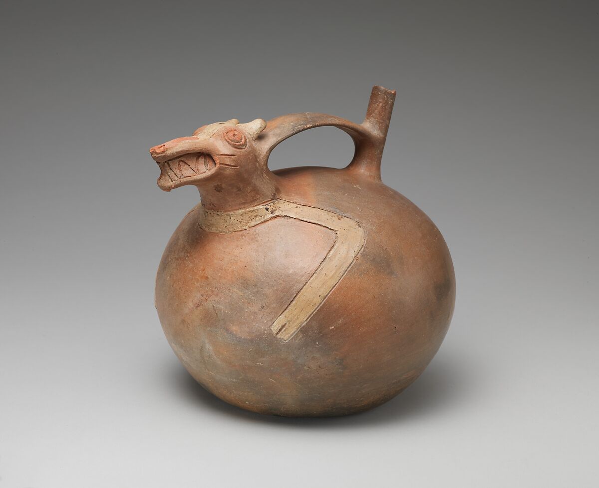 Spout-and-bridge bottle with fox, Topará artist(s), Ceramic, slip, Topará 