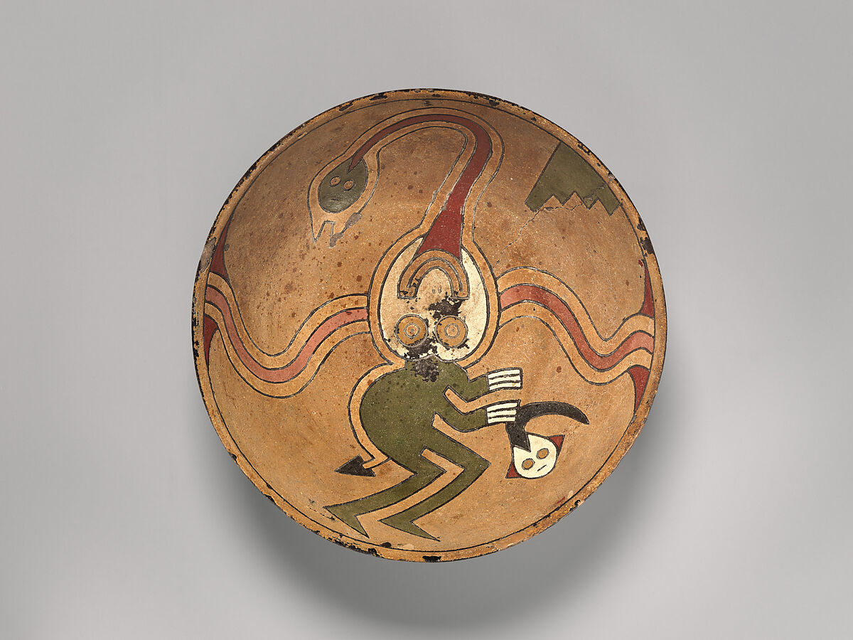 Rattle bowl with flying figure (Oculate Being), Paracas artist(s), Ceramic, post-fire paint, Paracas