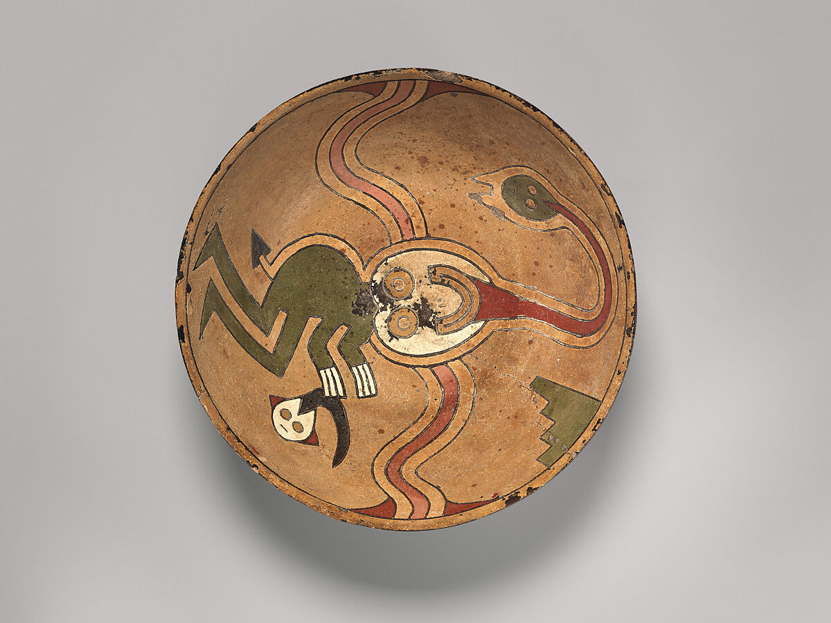 Rattle bowl with flying figure (Oculate Being), Paracas artist(s), Ceramic, post-fire paint, Paracas