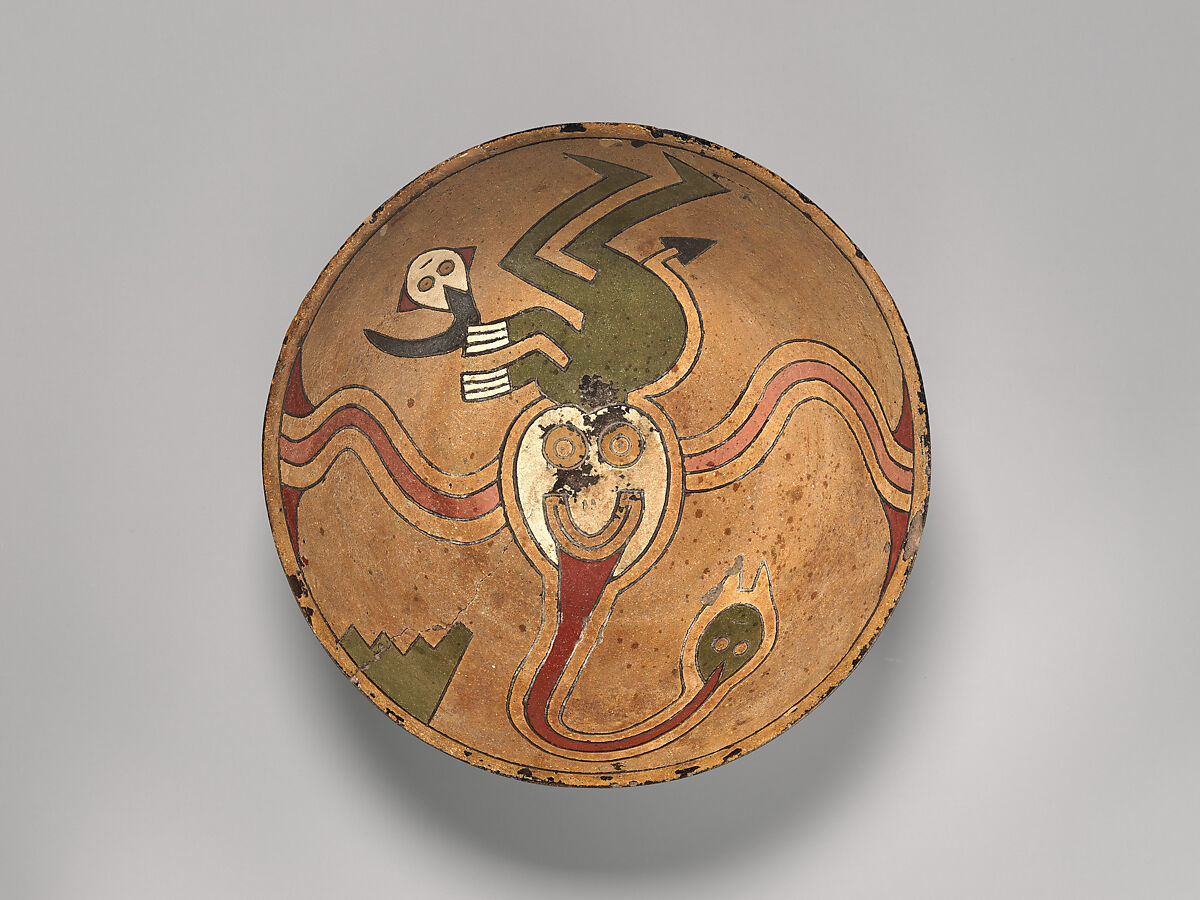 Rattle bowl with flying figure (Oculate Being), Paracas artist(s), Ceramic, post-fire paint, Paracas 