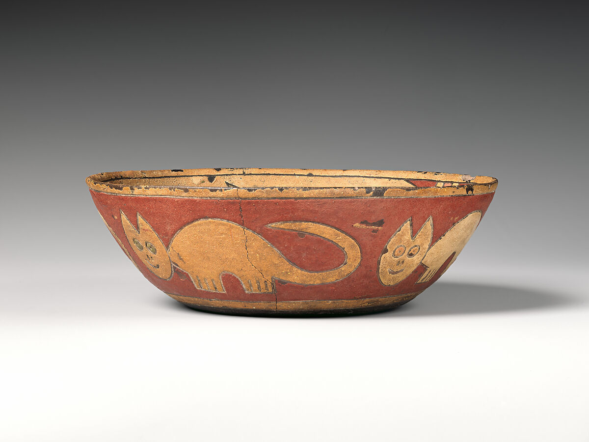 Rattle bowl with flying figure (Oculate Being), Paracas artist(s), Ceramic, post-fire paint, Paracas