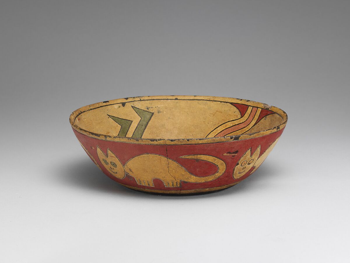 Rattle bowl with flying figure (Oculate Being), Paracas artist(s), Ceramic, post-fire paint, Paracas