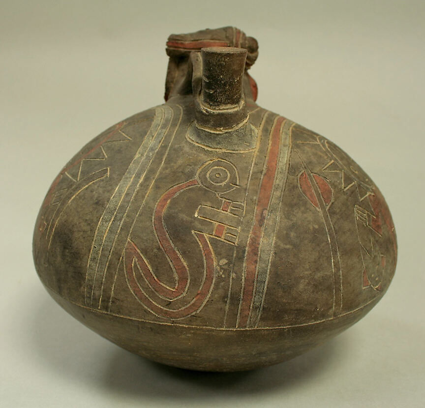 Bridge and Spout Bottle, Ceramic, Paracas