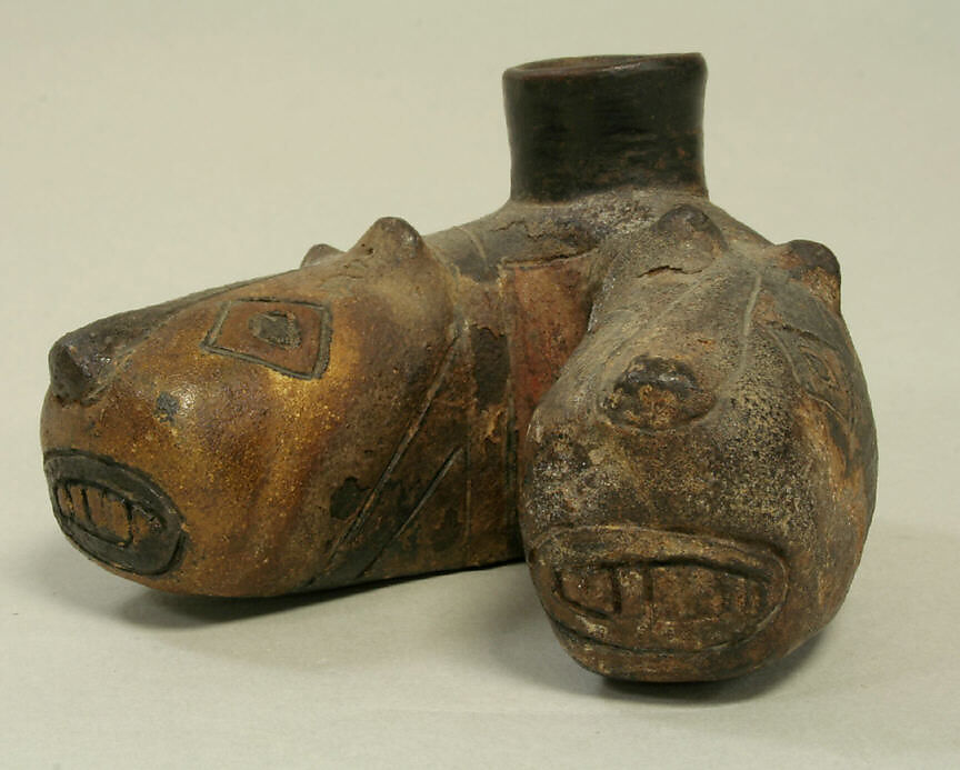 Spouted Vessel with Double Headed Snake, Ceramic, post-fired paint, Paracas 