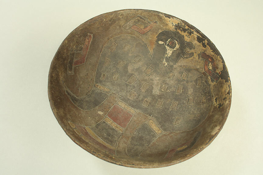 Bowl with Incised Falcoln, Ceramic, post-fired paint, Paracas