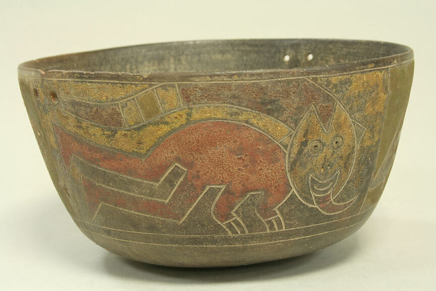 Bowl Incised with Trophy Head Figures, Ceramic, pigment, Paracas