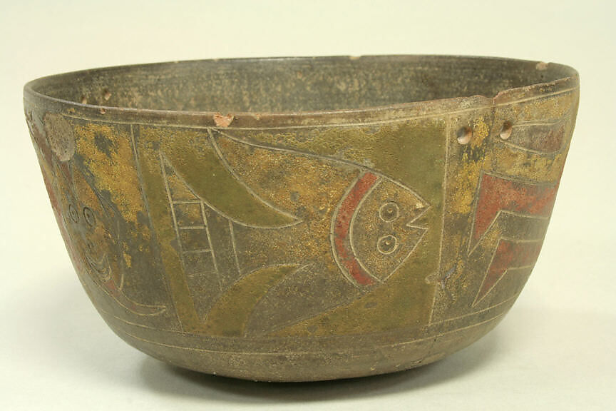 Bowl Incised with Trophy Head Figures, Ceramic, pigment, Paracas