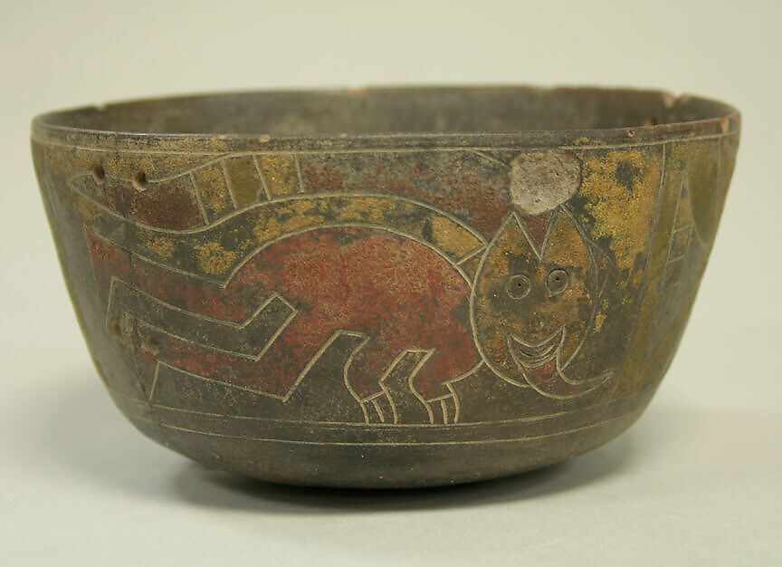 Bowl Incised with Trophy Head Figures, Ceramic, pigment, Paracas 