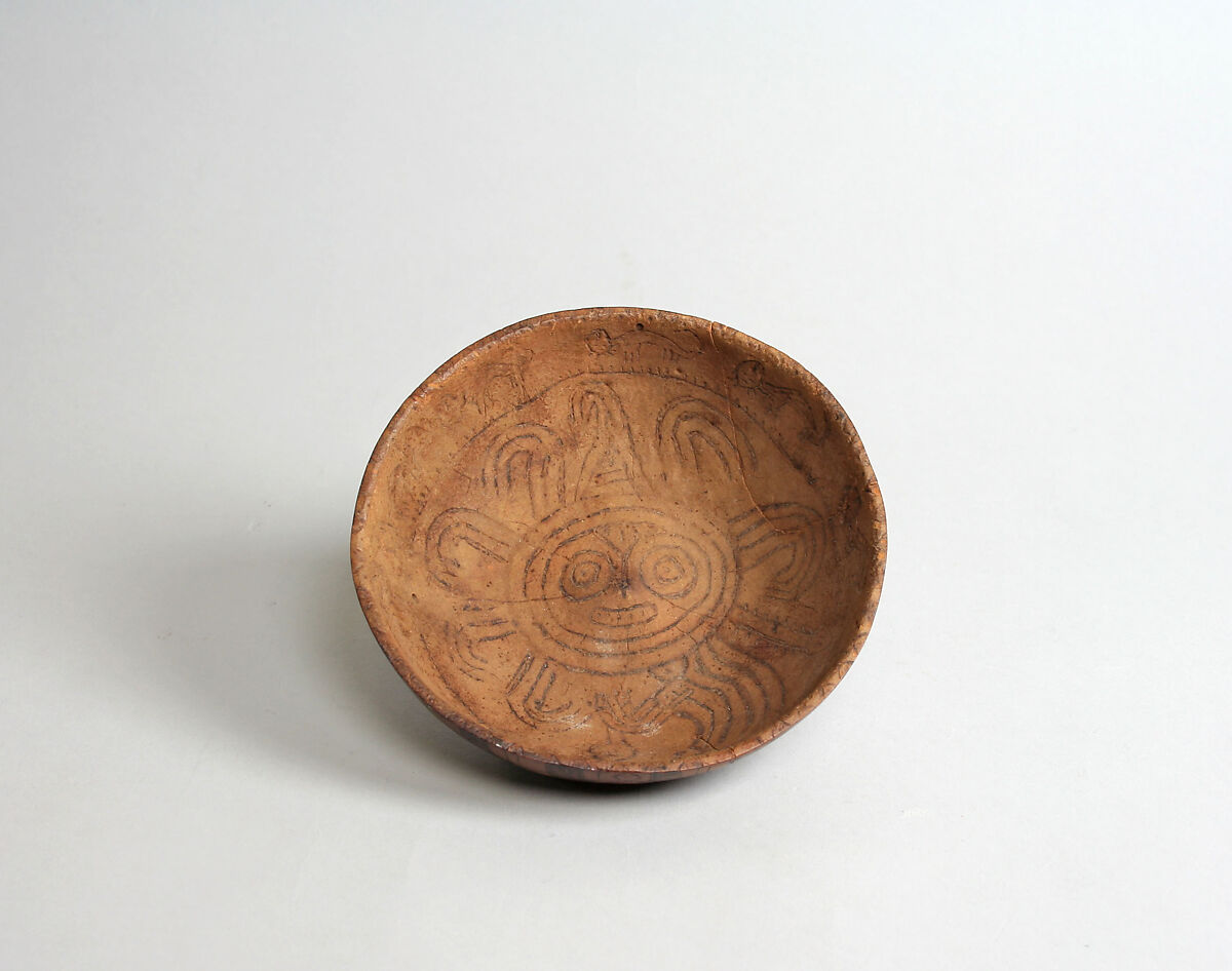 Incised and Pyroengraved Bowl with Monkeys, Ceramic, metallic specs, Paracas