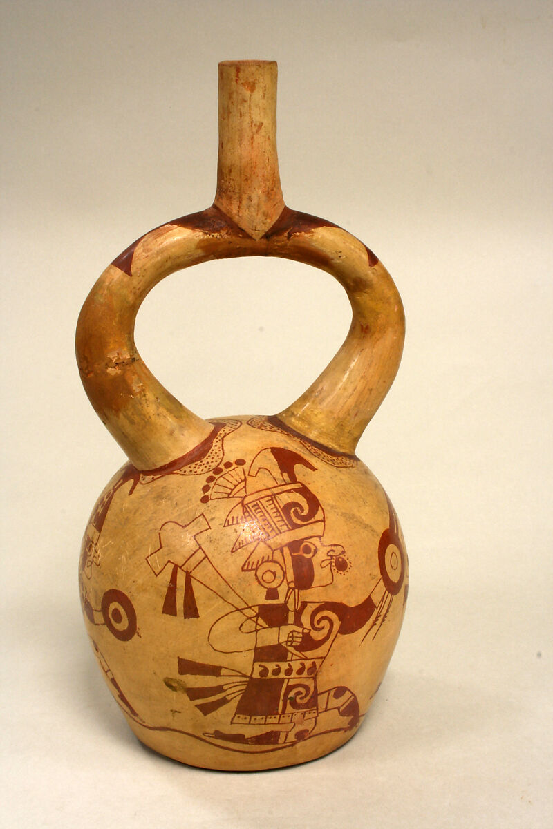 Bottle, Warriors, Ceramic, slip, pigment, Moche