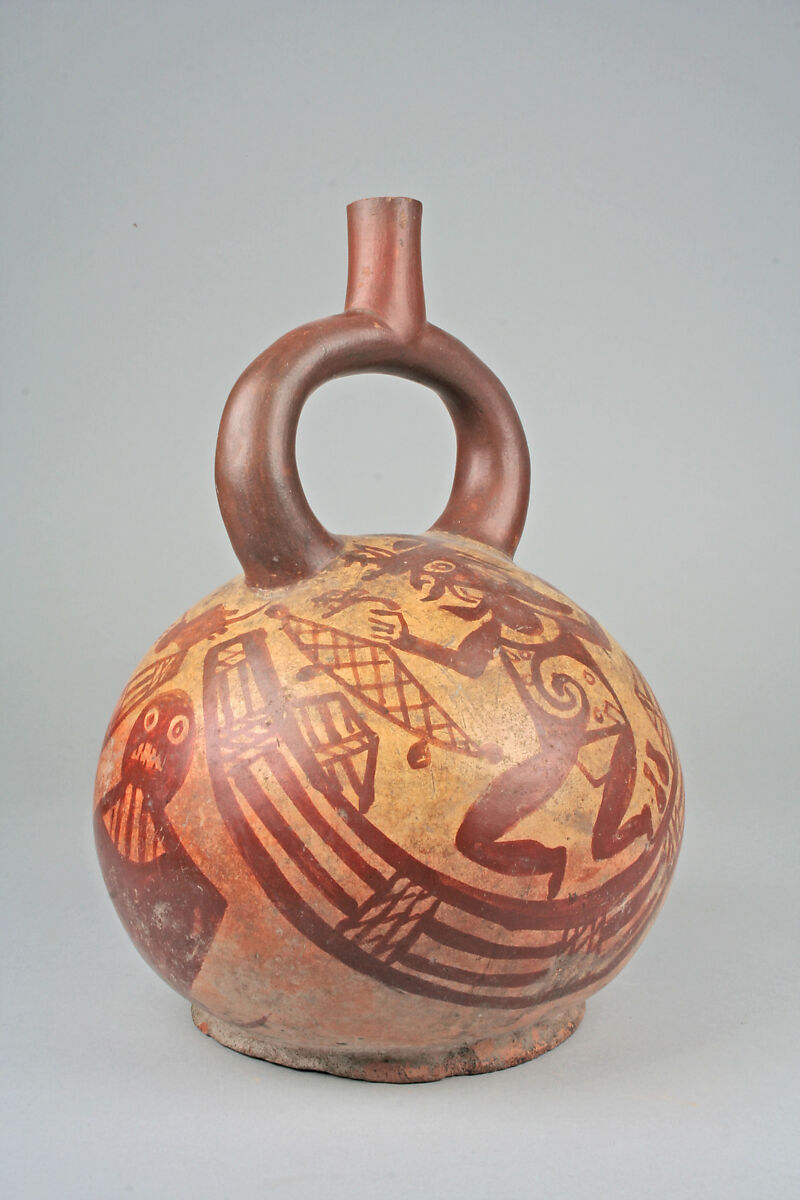 Bottle, Boat, Ceramic, slip, pigment, Moche 