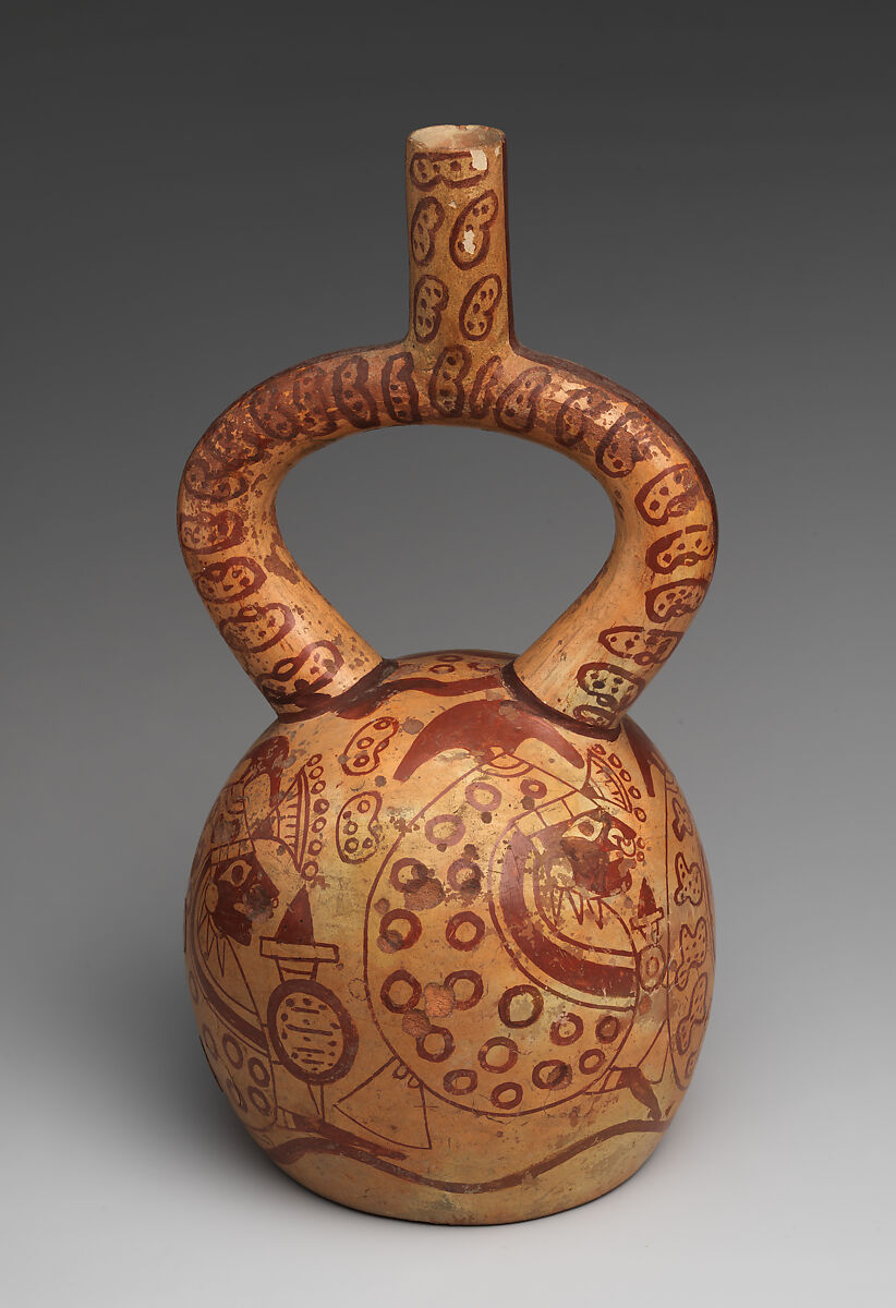 Stirrup-spout bottle with bean warriors, Moche artist(s), Ceramic, slip, Moche