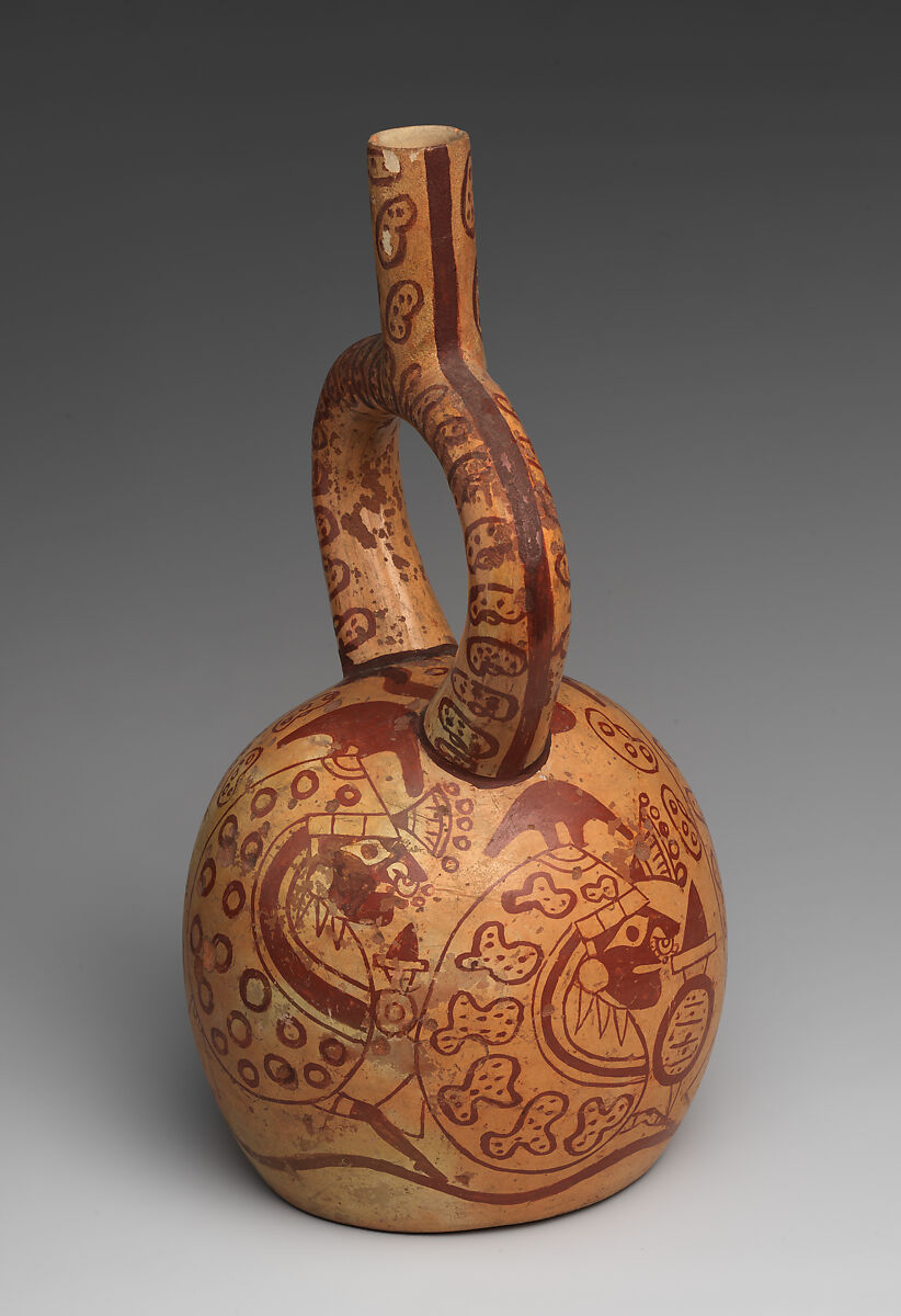 Stirrup-spout bottle with bean warriors, Moche artist(s), Ceramic, slip, Moche