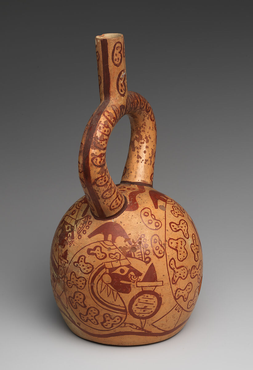 Stirrup-spout bottle with bean warriors, Moche artist(s), Ceramic, slip, Moche