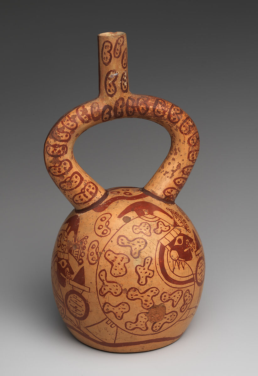 Stirrup-spout bottle with bean warriors, Moche artist(s), Ceramic, slip, Moche
