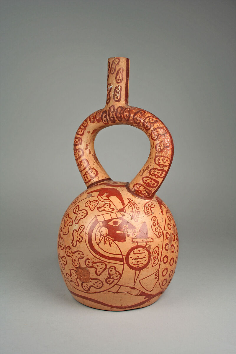 Stirrup-spout bottle with bean warriors, Moche artist(s), Ceramic, slip, Moche 