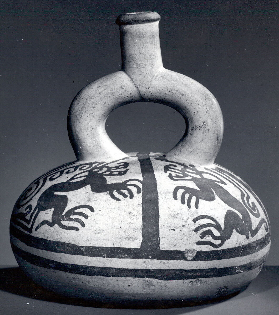 Stirrup Spout Bottle with Pumas, Ceramic, slip, pigment, Moche