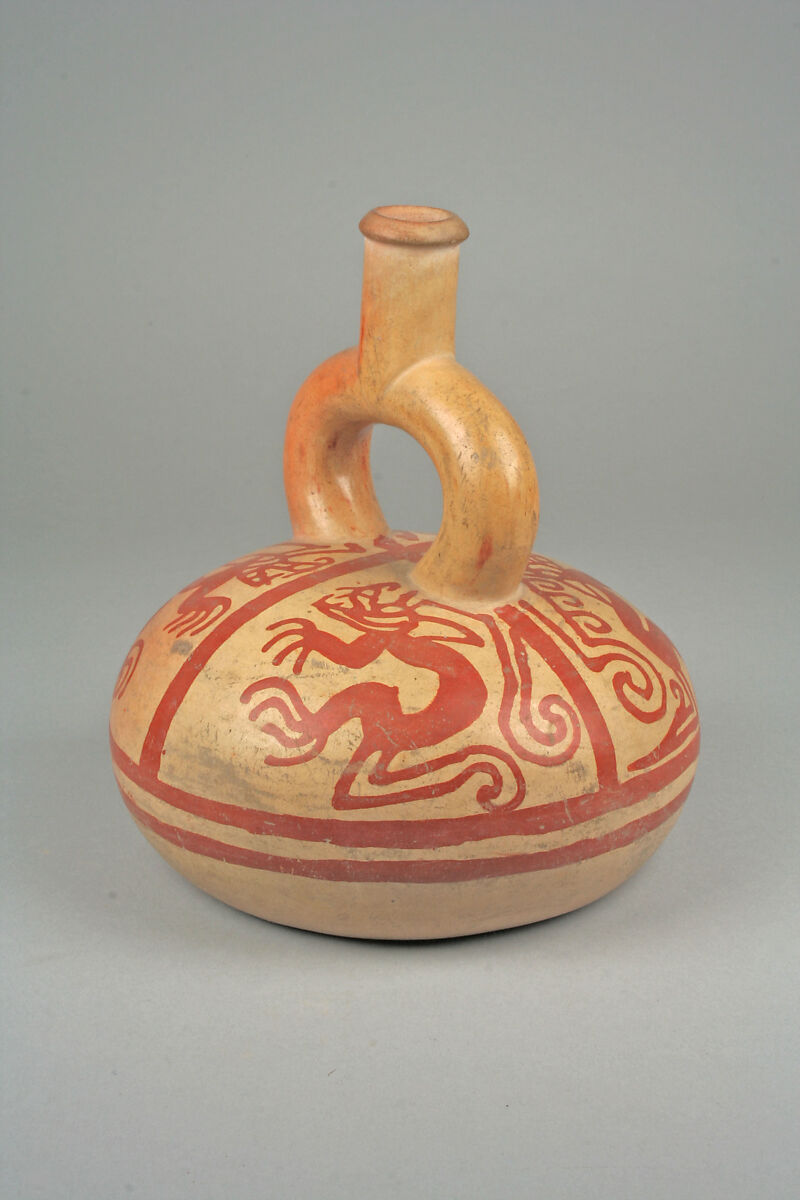 Stirrup Spout Bottle with Pumas, Ceramic, slip, pigment, Moche 