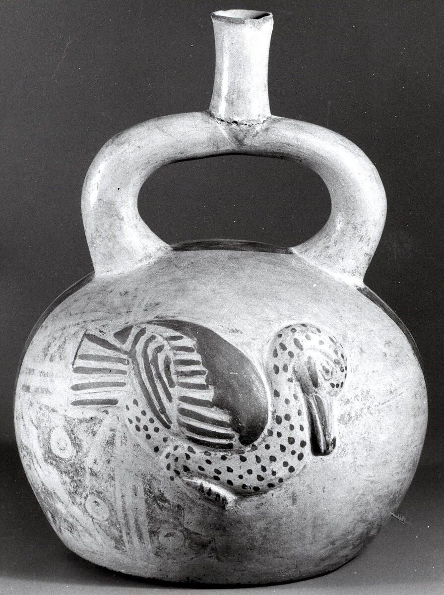 Stirrup Spout Bottle with Duck, Ceramic, slip, pigment, Moche