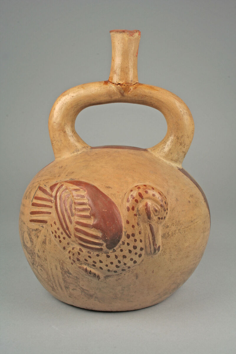 Stirrup Spout Bottle with Duck, Ceramic, slip, pigment, Moche