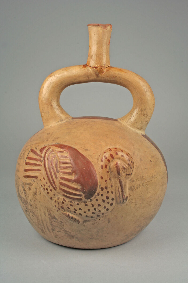 Stirrup Spout Bottle with Duck, Ceramic, slip, pigment, Moche 