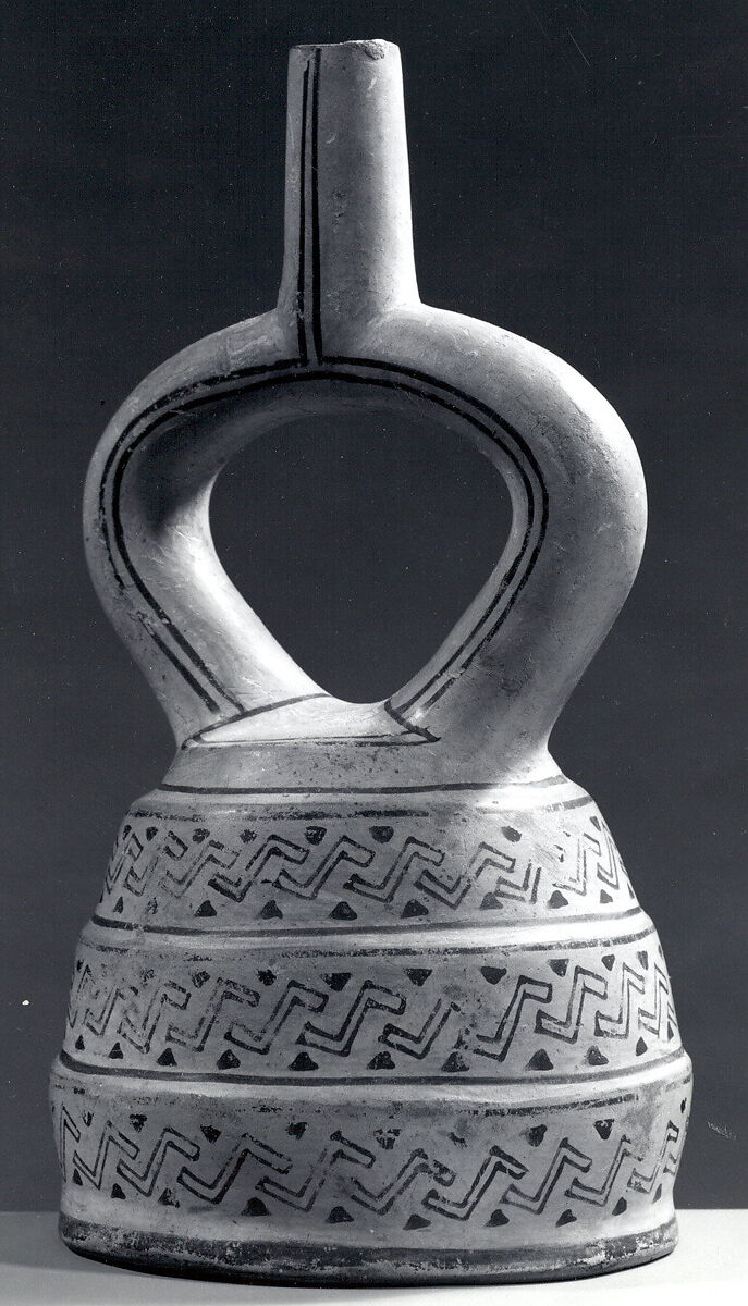 Stirrup Spout Bottle with Three Sections, Ceramic, slip, Moche