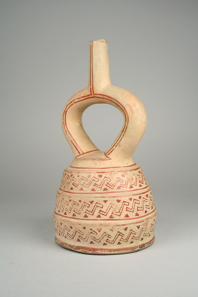 Stirrup Spout Bottle with Three Sections, Ceramic, slip, Moche 