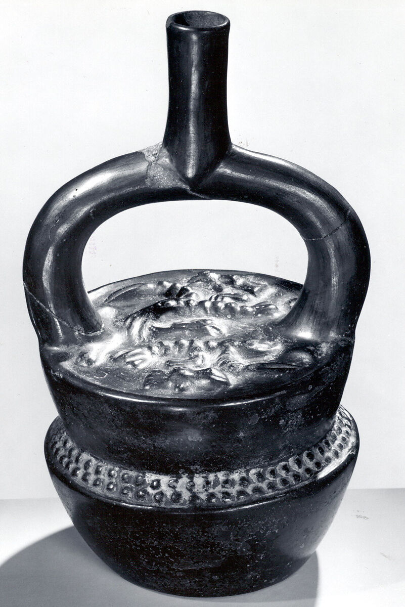 Stirrup Spout Bottle with Stacked Containers, Ceramic, slip, pigment, Moche