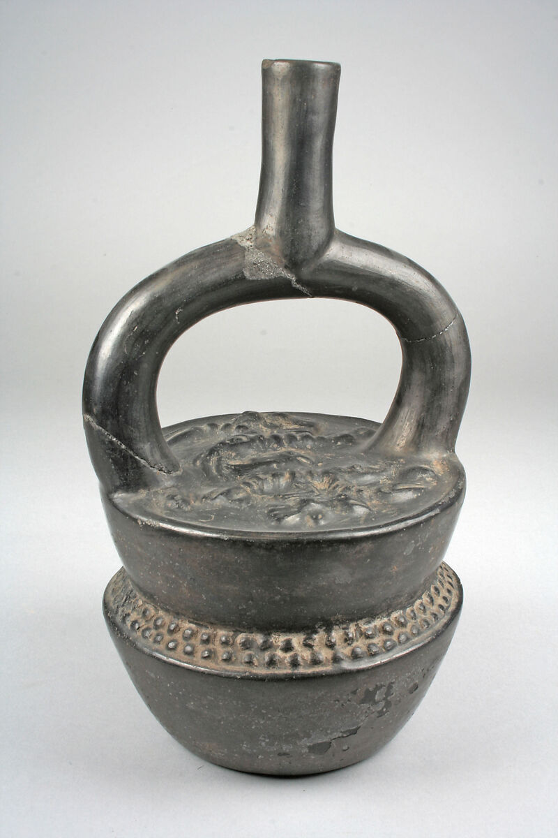 Stirrup Spout Bottle with Stacked Containers, Ceramic, slip, pigment, Moche