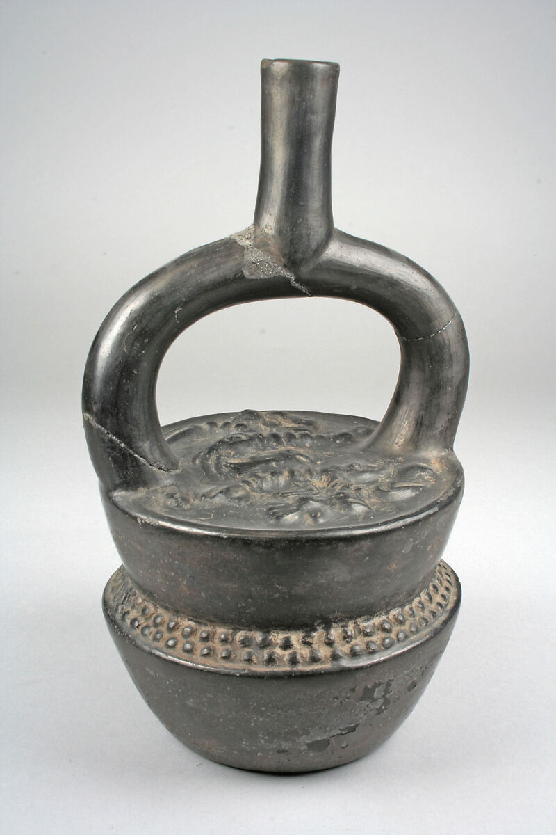 Stirrup Spout Bottle with Stacked Containers, Ceramic, slip, pigment, Moche 