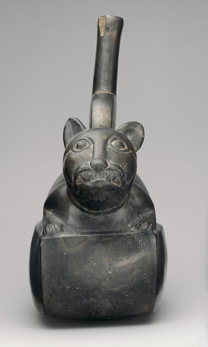 Stirrup-spout bottle with feline, Chimú artist(s), Ceramic, Chimú