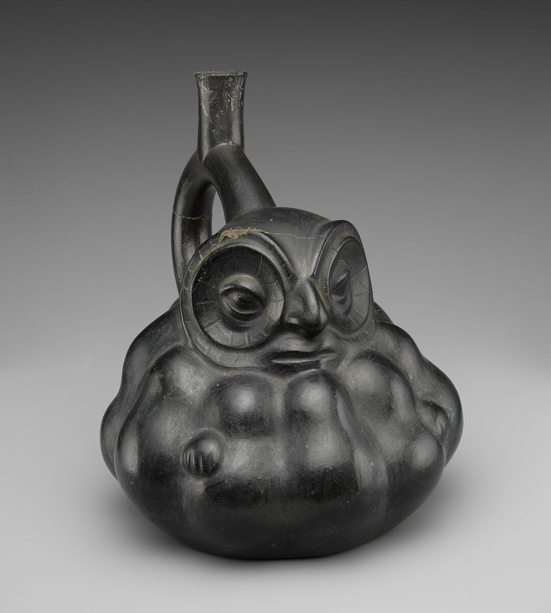 Stirrup Spout Bottle with Owl, Ceramic, Moche