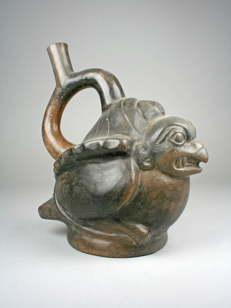 Stirrup Spout Bottle with Bird and Snake, Ceramic, slip, Moche 