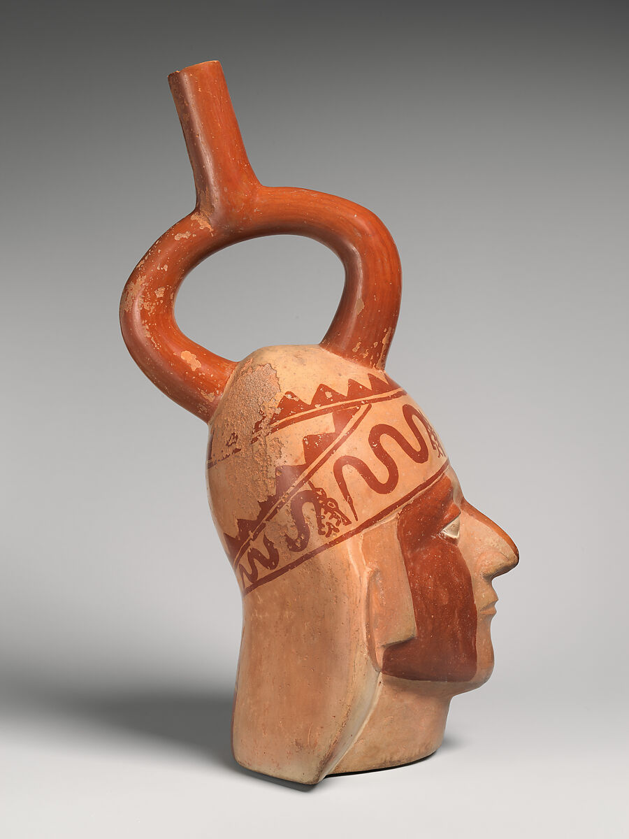 Portrait Head Bottle, Ceramic, slip, pigment, Moche