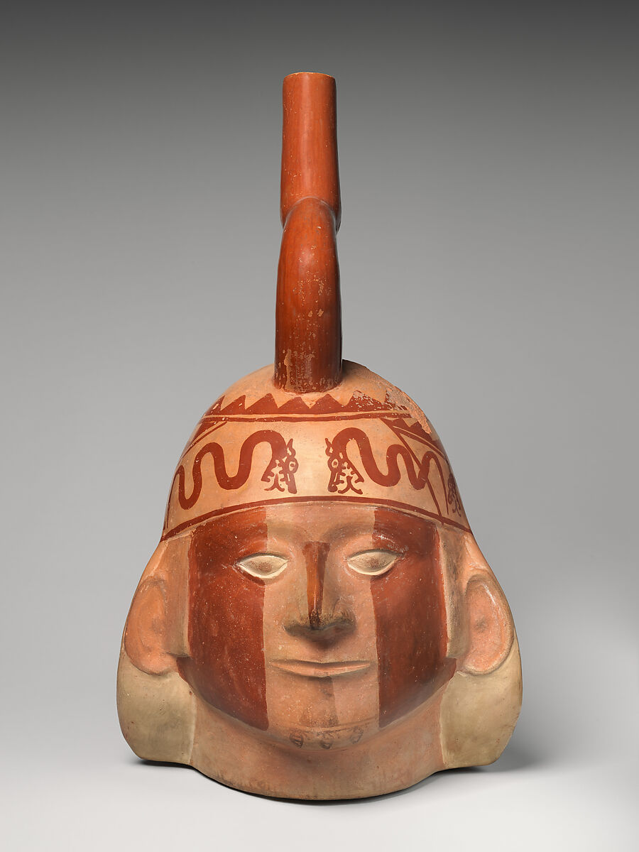 Portrait Head Bottle, Ceramic, slip, pigment, Moche 