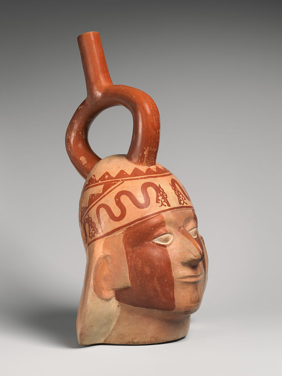 Portrait Head Bottle, Ceramic, slip, pigment, Moche