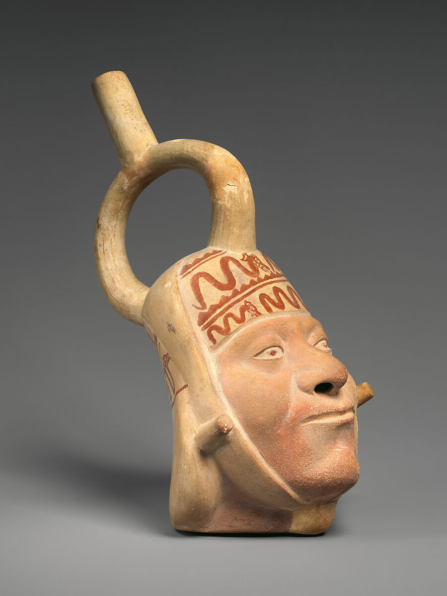 Bottle with portrait head, Moche artist(s), Ceramic, slip, Moche