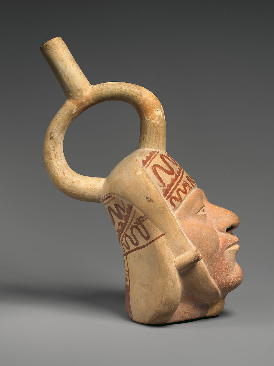 Bottle with portrait head, Moche artist(s), Ceramic, slip, Moche
