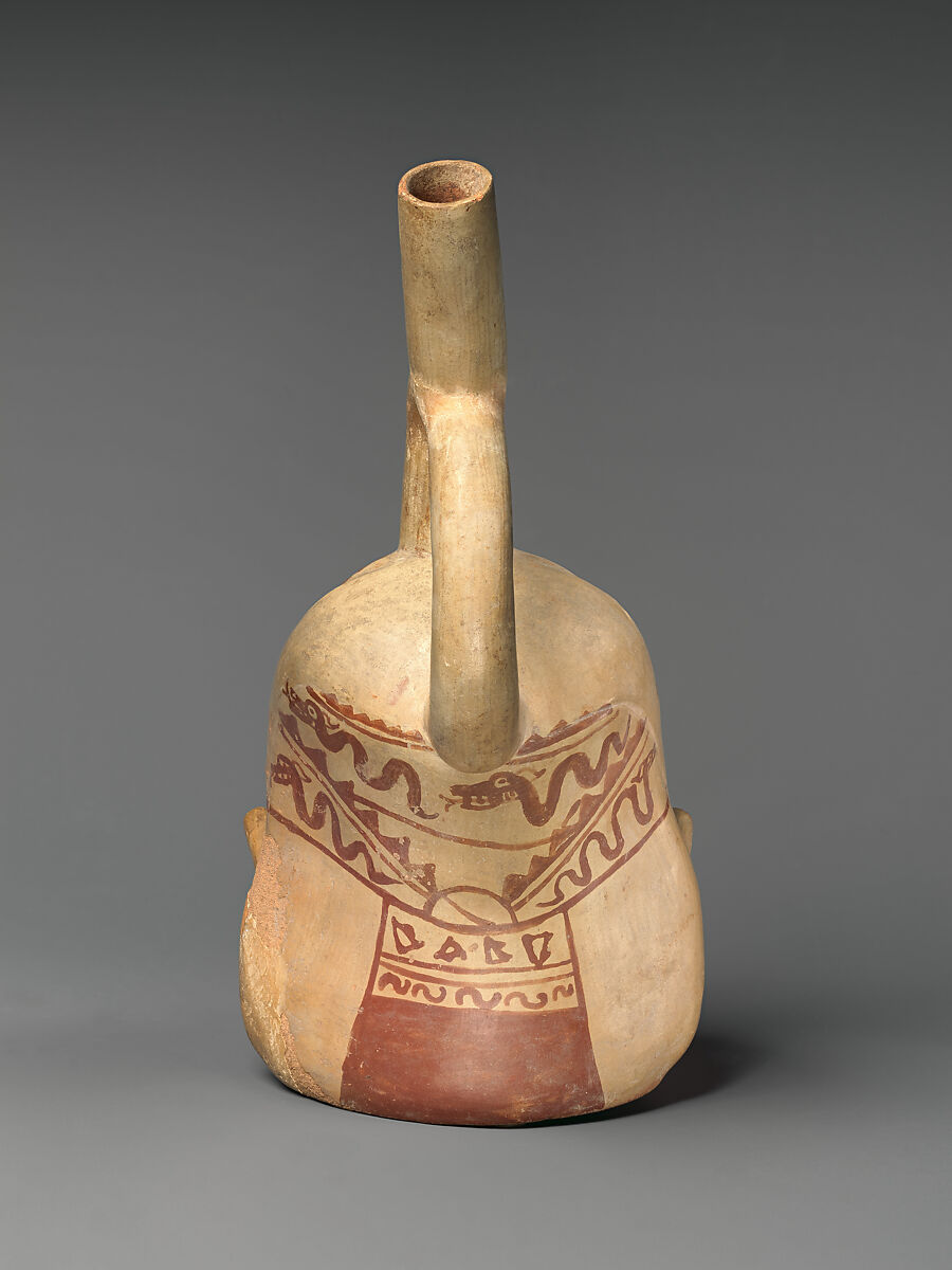 Bottle with portrait head, Moche artist(s), Ceramic, slip, Moche