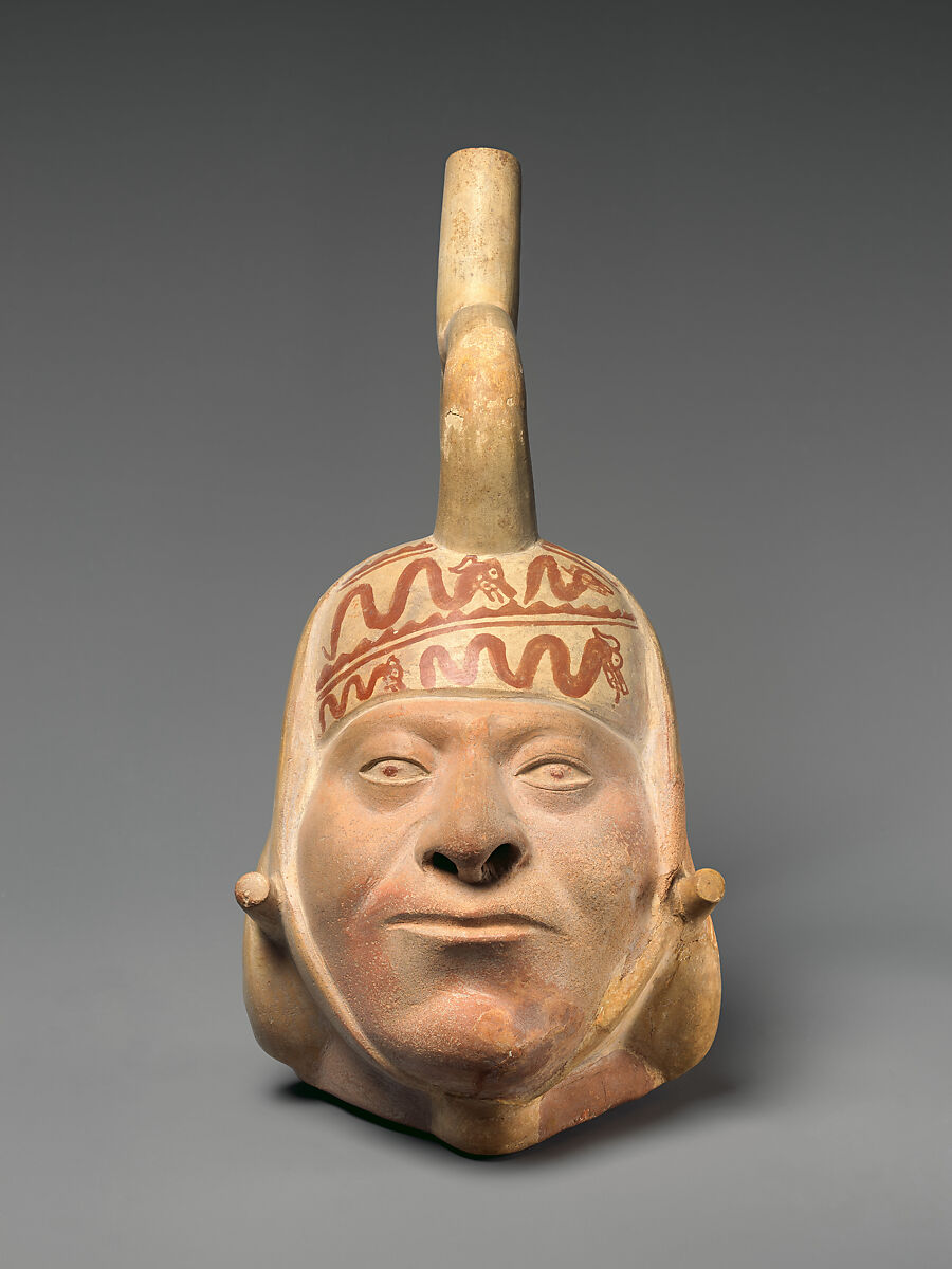 Bottle with portrait head, Moche artist(s), Ceramic, slip, Moche 