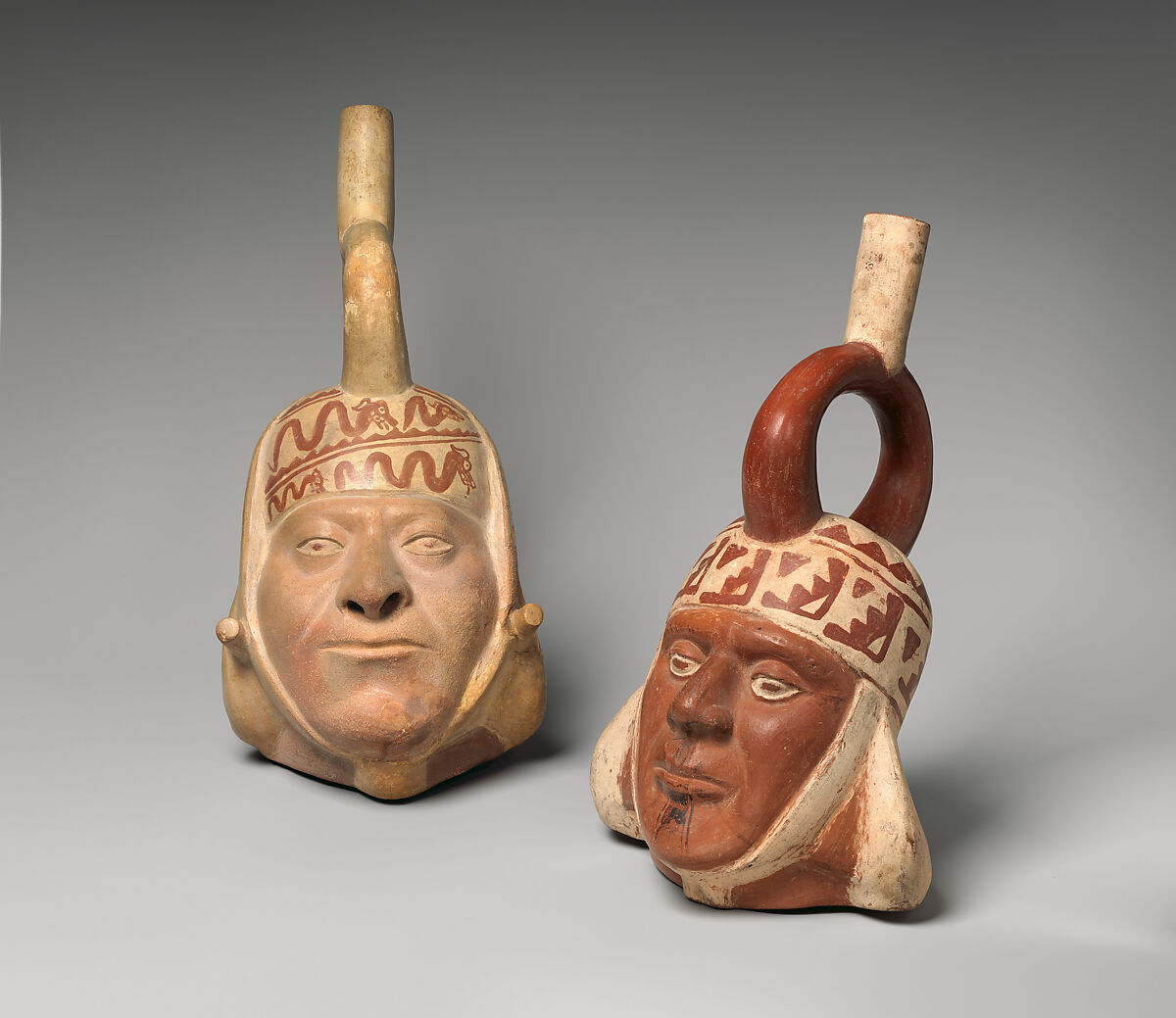 Bottle with portrait head, Moche artist(s), Ceramic, slip, Moche