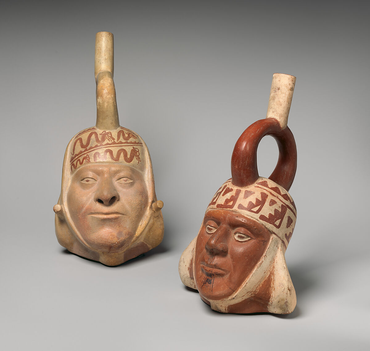 Bottle with portrait head, Moche artist(s), Ceramic, slip, Moche