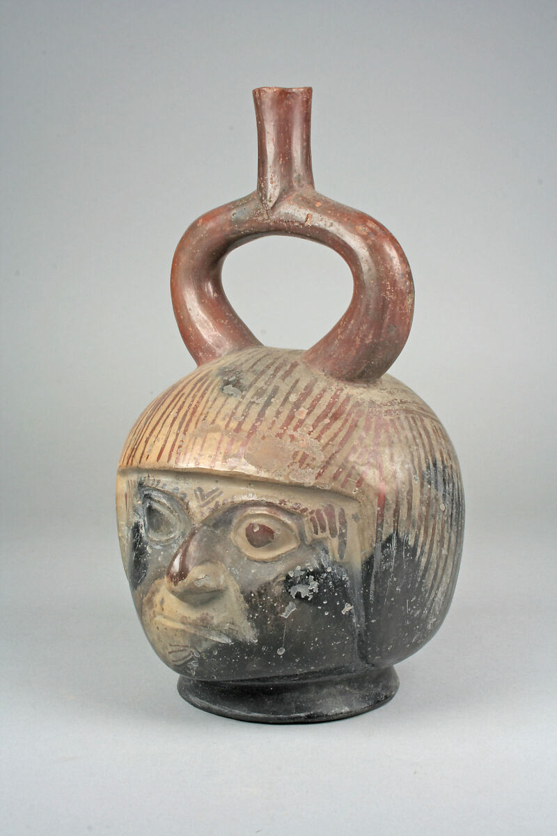 Stirrup Spout Bottle with Portrait Head, Ceramic, slip, Moche 