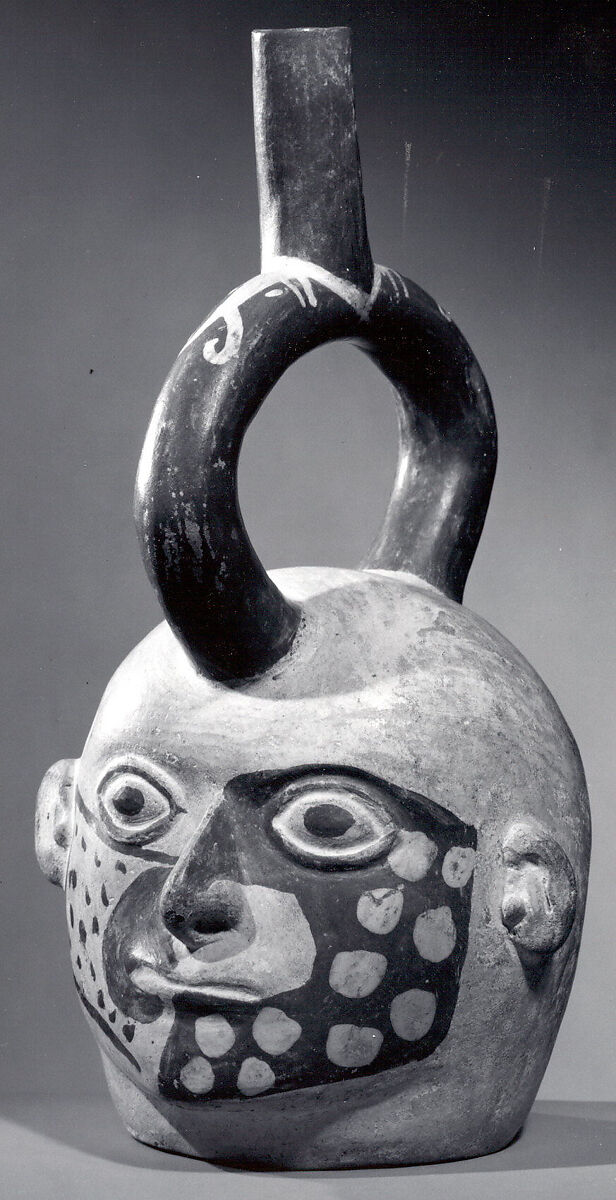 Stirrup Spout Bottle with Tattoed Head, Ceramic, slip, pigment, Moche