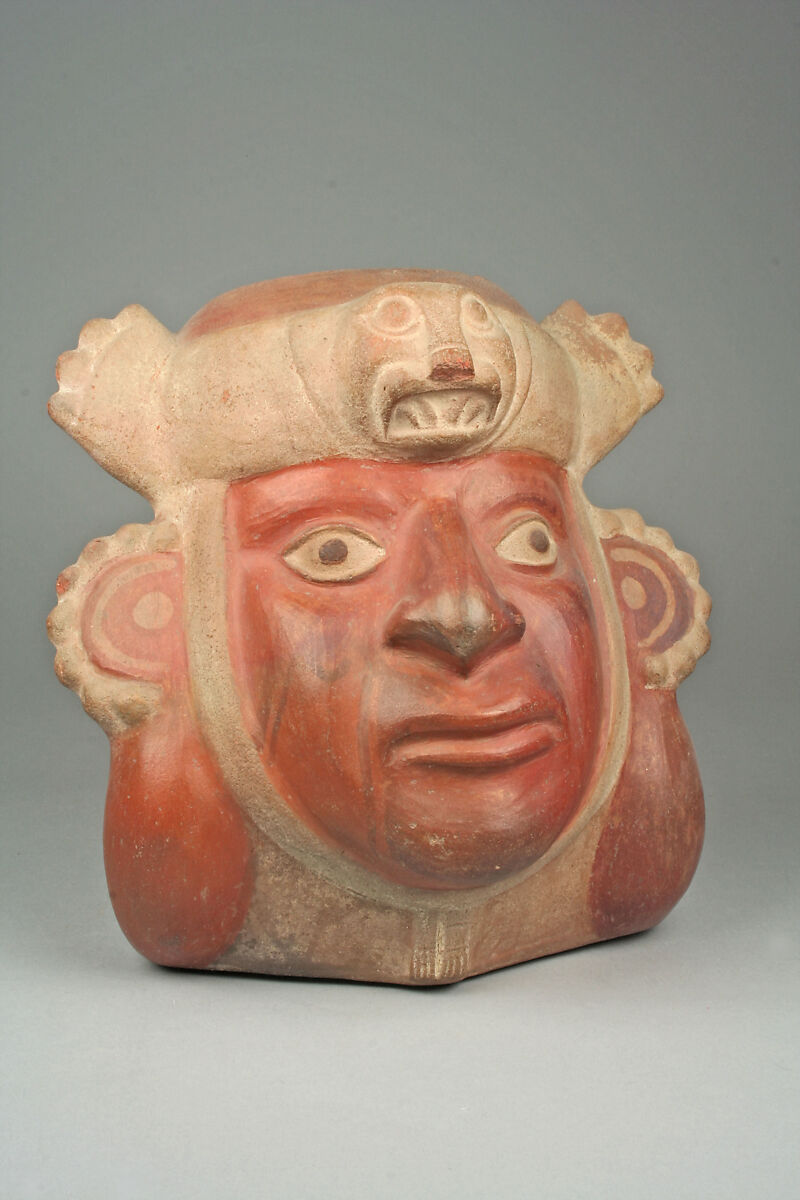 Stirrup Spout Bottle with Portrait Head, Ceramic, slip, pigment, Moche 