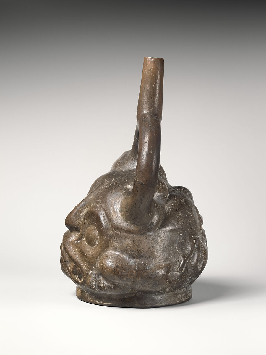Tuber-inspired stirrup-spout bottle, Moche artist(s), Ceramic, slip, Moche