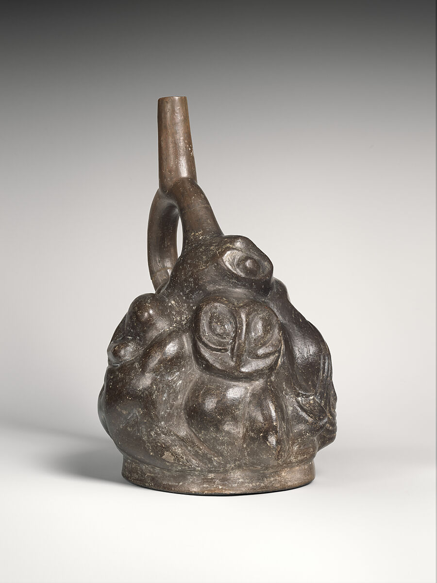 Tuber-inspired stirrup-spout bottle, Moche artist(s), Ceramic, slip, Moche