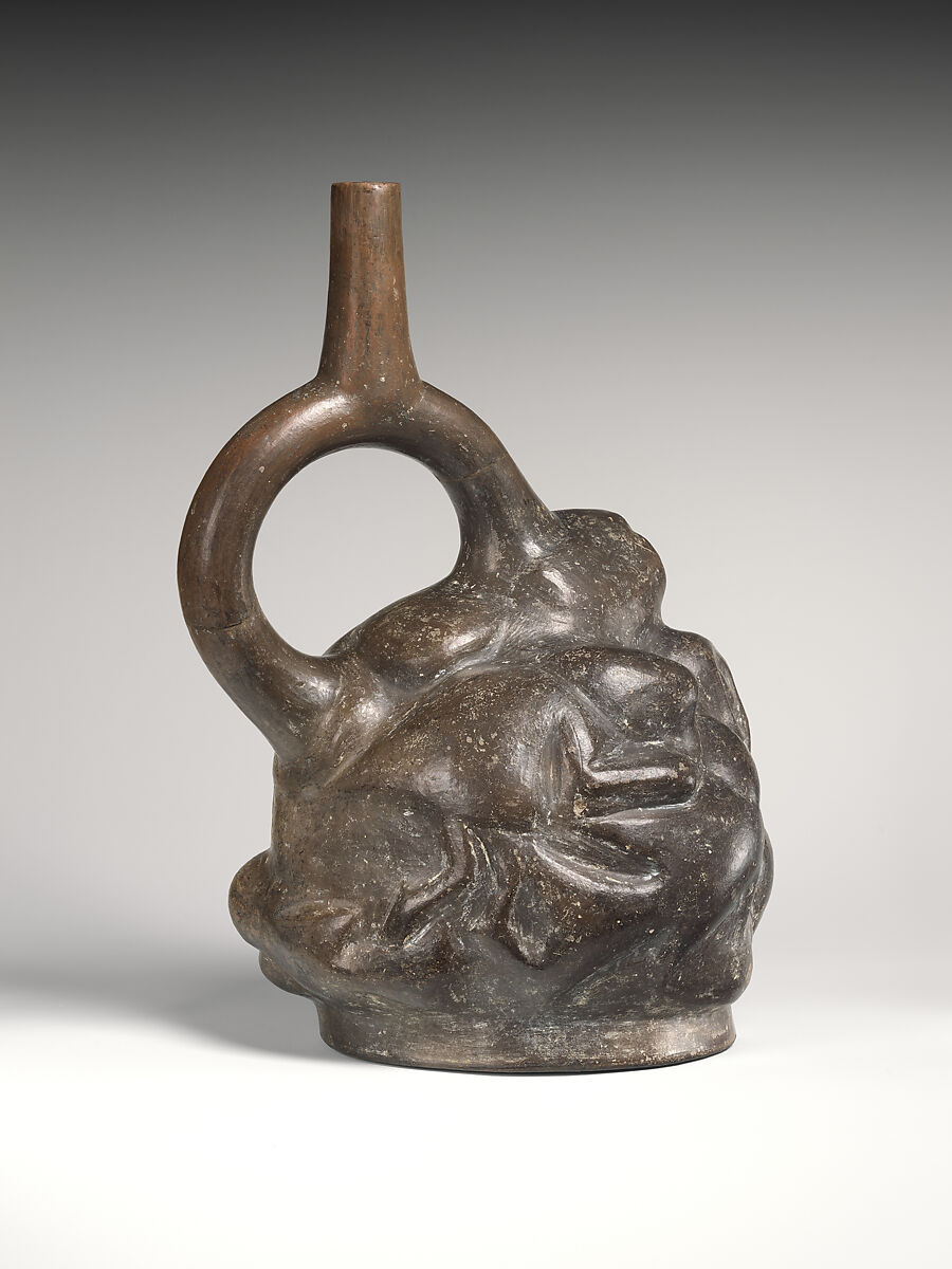 Tuber-inspired stirrup-spout bottle, Moche artist(s), Ceramic, slip, Moche