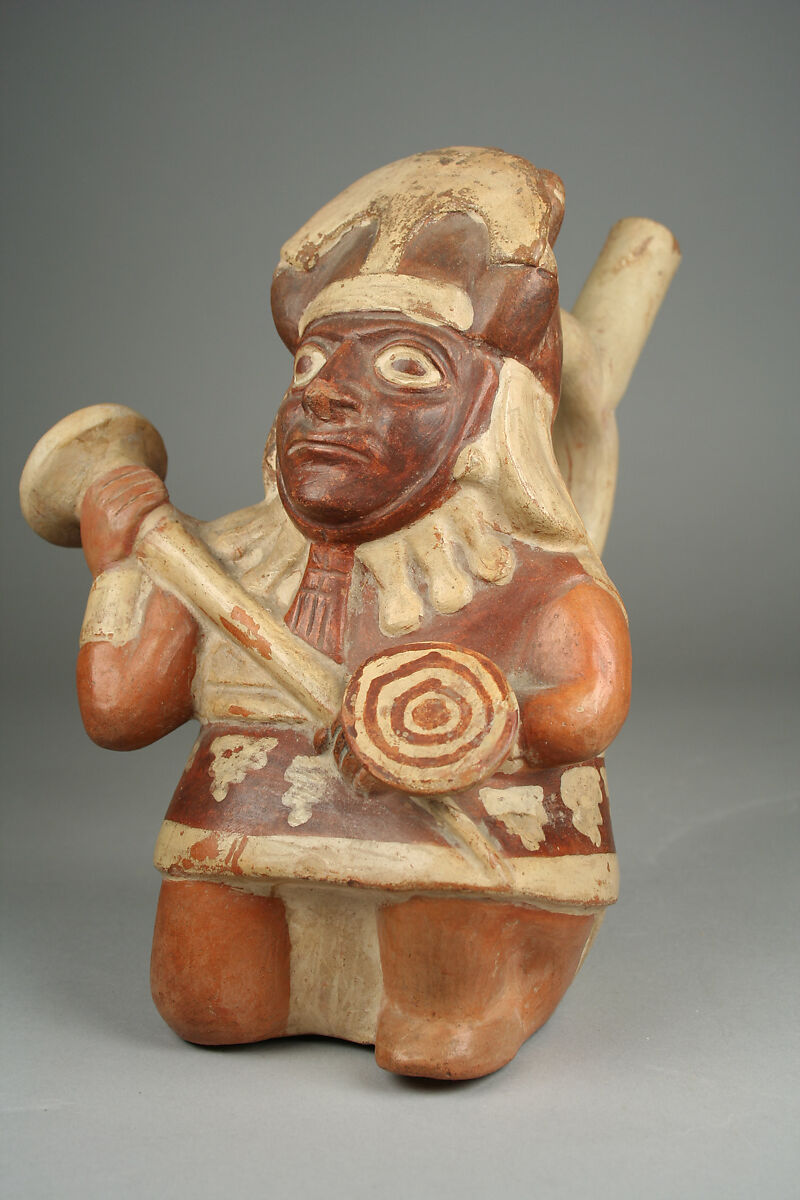 Stirrup Spout Bottle with Warrior Figure, Ceramic, slip, Moche 