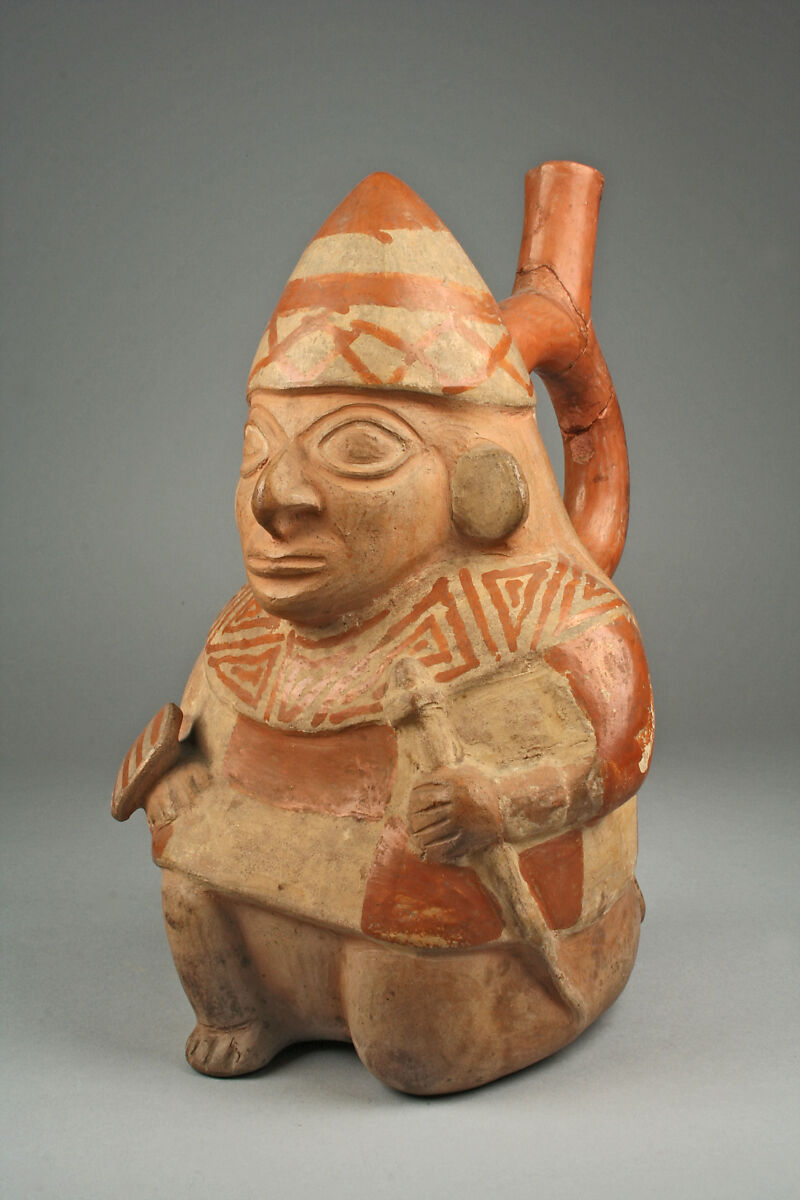 Stirrup Spout Bottle with Kneeling Warrior, Ceramic, slip, Moche 